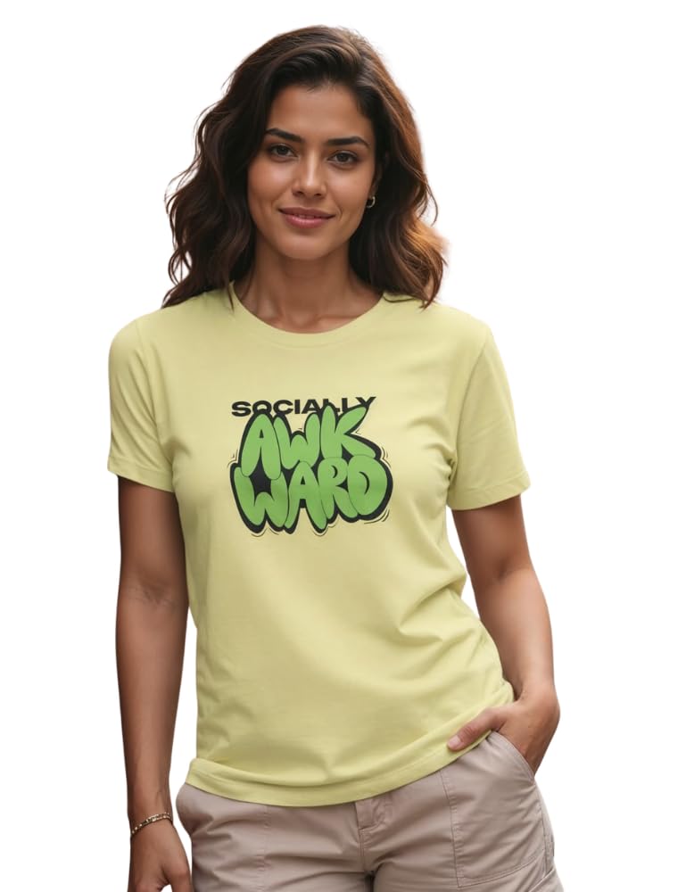 Women's Regular T-Shirt, Premium Combed Cotton, 180 GSM Bio-Washed Fabric, Crew Neck Half Sleeve, Socially Awkward Typography Print, Casual Wear for Everyday Comfort-picture-37