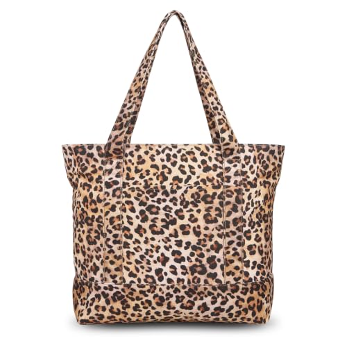 Image of TOPDesign 1-Pack Canvas Tote Bag with an External Pocket, Reusable Grocery Shopping Bag, Top Zipper Closure, Daily Essentials (Leopard)