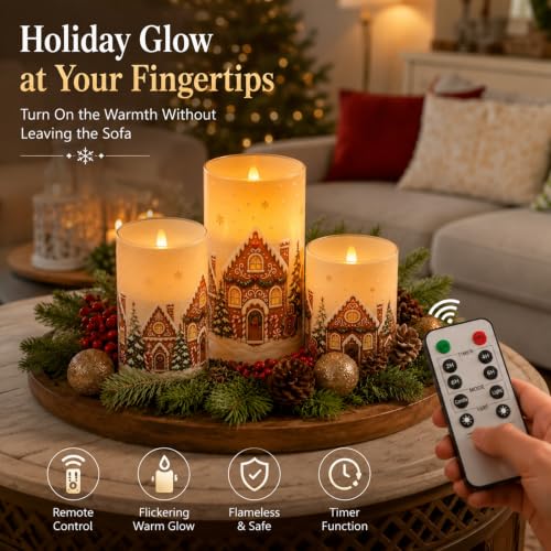 Image of Tujoe 3 Pcs Christmas Gingerbread House Flameless Candle LED Pillar Candle