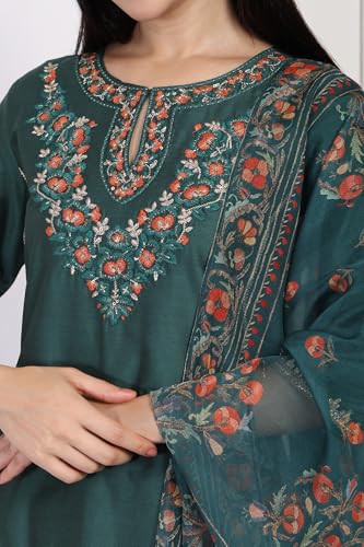 Image of W for Woman Embroidered Floral Zari Work A-Line Silk Blend Kurta with Straight Pant and Dupatta Set