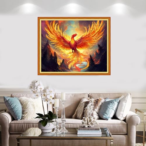 Image of Redxing Stamped Cross Stitch Kits Full Range of Embroidery Starter Kits- Needlepoint Counted Cross Stitch Kits for Beginner Adults 11CT Printed Embroidery Kit-Fire Phoenix Mountains Rivers 16x20 inch