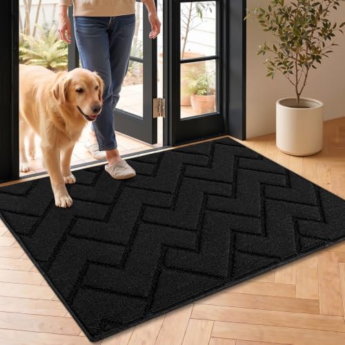 Image of hicorfe Door Mat Indoor Entrance,24 inchx35 inch Non Slip Welcome Mat,TPR Backing Dirt Trapper Front Door Mat,Washable Floor Mats,Low-Profile Indoor Door Mats for Entryway,Entrance,Hallway,Laundry(Black)