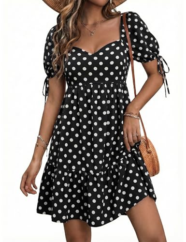 Lingswallow Cute Mini Dress for Women Puff Sleeve Sweetheart Neck