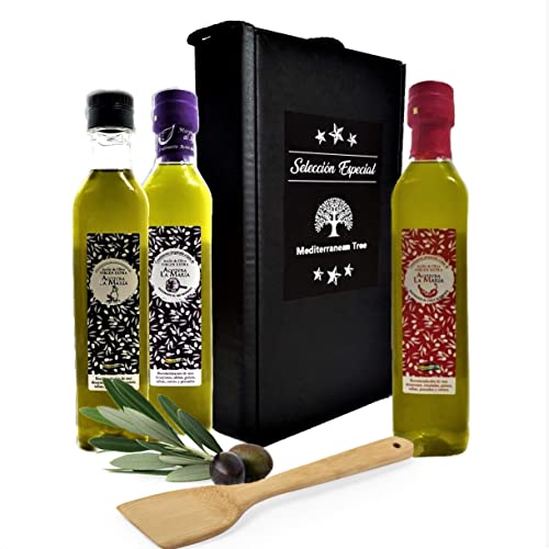 Aceites de Oliva Virgen Extra Ajo Macerado y Chile picante Pack Selección - Regalo de practica paleta madera para Ensaladas - En Elegante Caja Regalo Gourmet Cover
