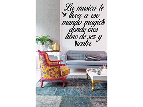 Vinilo Decorativo Frases Pared Salón La Música Transporta | Varias Medidas 120x120cm | Pegatina Adhesiva Decorativa de Diseño Elegante