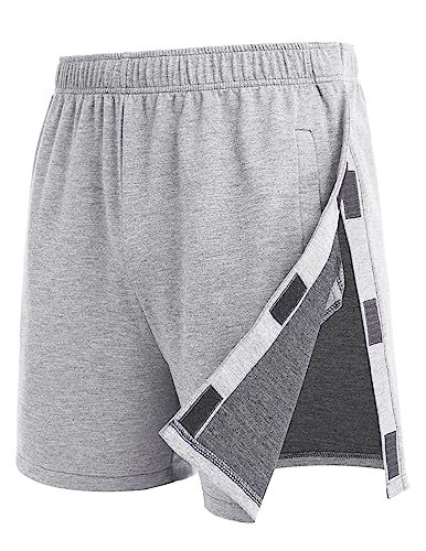 Deyeek Mens Tear Away Shorts Post Hip Knee Leg Surgery Recovery Snap On Surgical Shorts with Pockets for Disabled Patients Grey