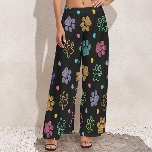 Womens Wide Leg Pants Animal Paw Pattern Casual High Waist Long Palazzo Pants Lounge Beach Trousers2