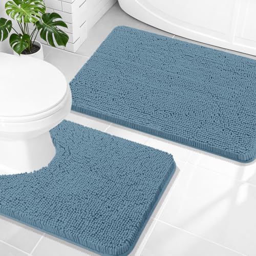 Image of OLANLY Bathroom Rugs Sets 2 Piece, Soft Absorbent Chenille Bath Mats and U-Shaped Contour Toilet Mat Area Rug Set, Machine Washable Bath Carpet, Home Decor Accessories(30 inchx20 inch+24 inchx20 inch, Airy Blue)