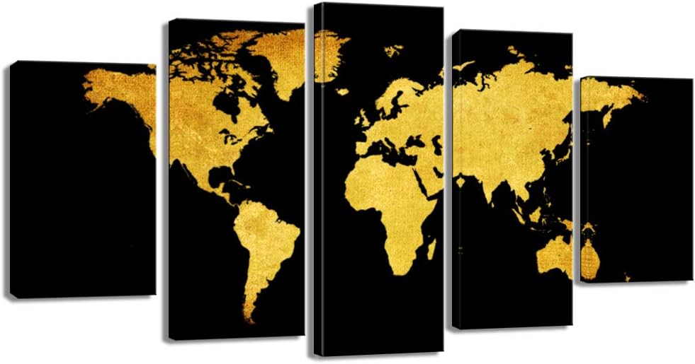 buy sechars world map canvas wall art 5 panel black and gold map poster prints abstract map artwork for home living room office walls gallery canvas wrapped ready to hang online
