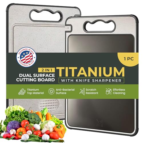 Comparison: 4 In 1 Cutting Board 8 4 in 1 Titanium Cutting Board For Kitchen – Double-Sided Pure Titanium Chopping Board with Built-in Knife Sharpener, Garlic Grinder, Wheat Straw PP Surface & Non-Slip Silicone Edges (14.3
