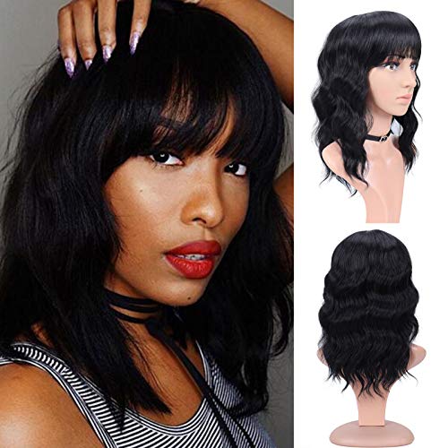 M-BOX Hair 12 Inch Wavy Bob Wig with Bangs Short Curly Bob Wigs Shoulder Length Synthetic Wigs for Women Black Color Fluffy Pastel Colored Wigs for Girls (12",#1b)