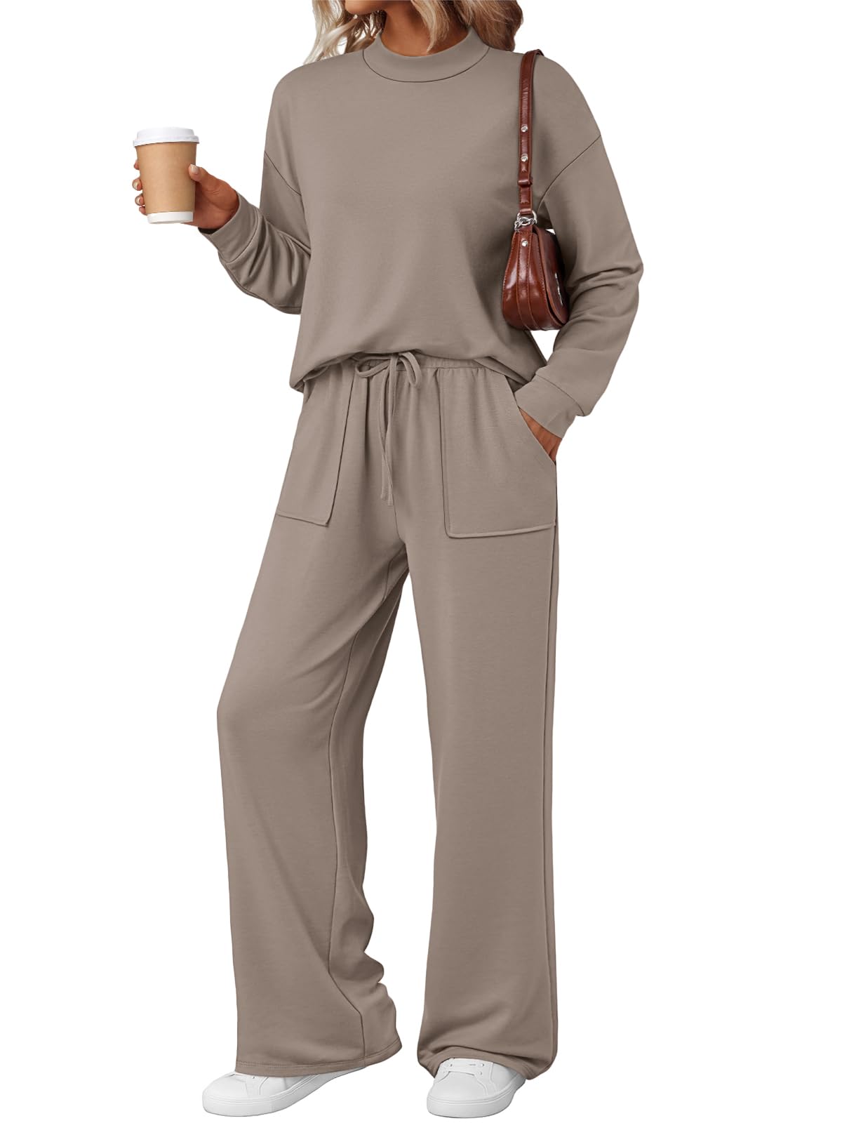 LILLUSORY Womens Two Piece Lounge Sets Mock Turtleneck Tops Wide Leg Drawstring Pants Sweatsuit with Pockets
