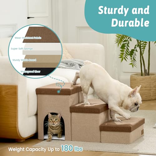 Image of Dog Stairs with Storage, 3-Step Wider Sturdy Dog Steps for Small /Medium /Large Dogs and Older Cats, Doggie Ramp with Condo for Bed /Couch /Car Hold Up to 180 lbs (17.7 inch H, Brown)