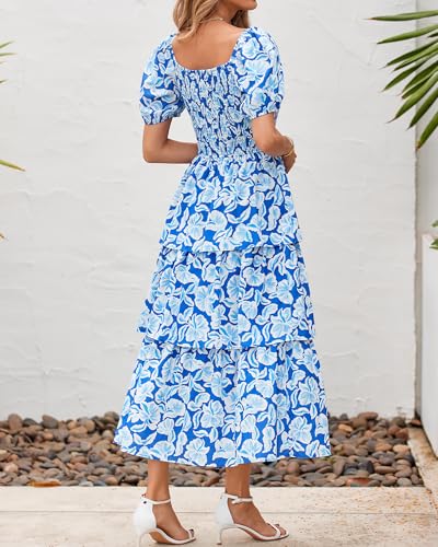 Image of BTFBM Womens Floral Smocked Summer Maxi Dresses | Square Neck Puff Short Sleeve Ruffle Tiered, 2026 Trendy Casual Sundress, Cruise Holiday Beach Vacation Wedding Guest Dress