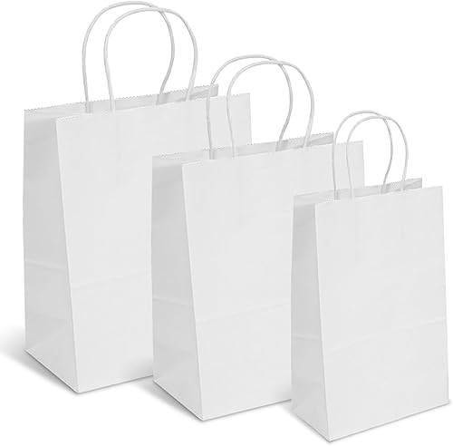 TOWRAP Bolsas de regalo blancas de varios tamaños, 90 bolsas de papel con asas a granel, bolsas de compras, bolsas de fiesta, bolsas de venta al por