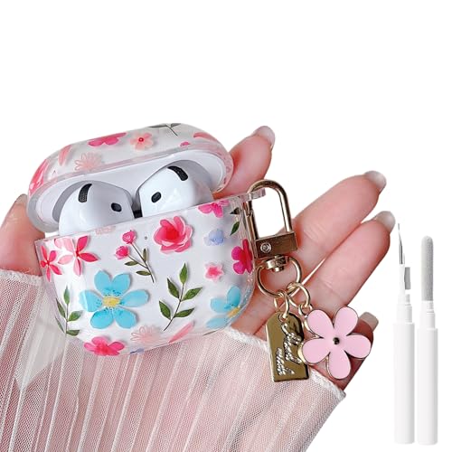 Image of MINSCOSE for AirPods 4 Clear Case,Cute Floral Leaves Pattern Design with Girly Flower Keychain,Soft Silicone Protective Shockproof Cover with Cleaner Kit for Girls Women for Airpod 4-Blue