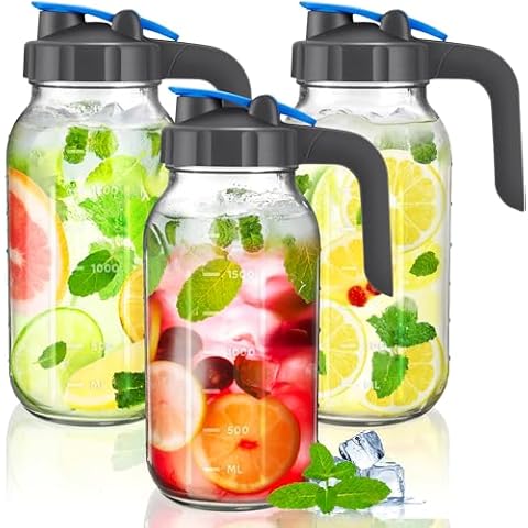 2 Quart Sun Tea Pitchers for Outside - 3 Pack Half Gallon Glass Pitchers with Flip Cap Pour Spout Lids, 64 oz Mason Jar Pitchers for Breast Milk, Sun Tea, Iced Tea, Cold Brew Coffee, Leak Proof Cover