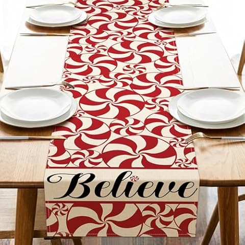 Croar Christmas Peppermint Candy Table Runner, Red Xmas Believe Kitchen Dining Table Decoration, Winter Burlap Indoor Outdoor Home Decor Holiday Party Supply 13 x 90 Inches Cover