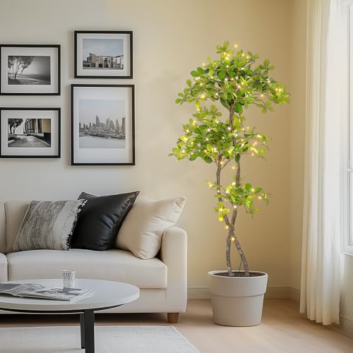 GarveeHome Artificial Plants Indoor, 5FT Fake Black Olive Tree with 50 LED Lights Tall Fake Plants in Plastic Nursery Pot Fake Tree Artificial Trees for Home Decor Office Living Room