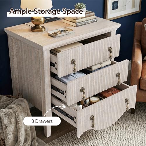 Image of FUSUNBAO Fluted Nightstand with Charging Station & 2 Drawers,Nature Oak | Vintage Bedside Table, 2 Fluted Drawers and Open Shelf, Rustic End Table, Power Outlet and USB Ports,End Table.bedroom