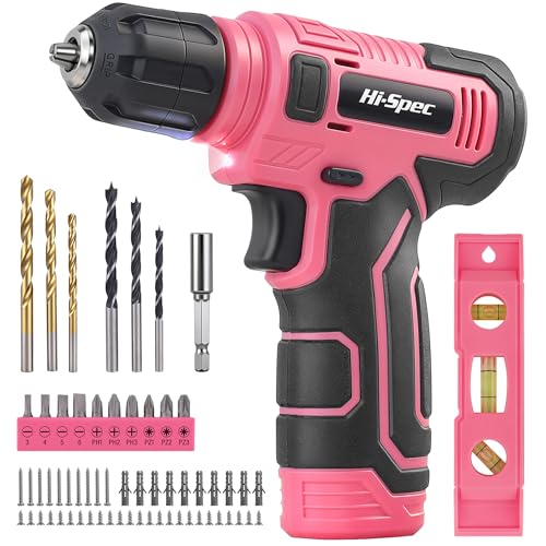 Image of Hi-Spec Cordless Drill Set, 8V USB Pink Power Drill Driver & Screw Bit Set for Women. Ladies Cordless & Rechargeable Electric Drill Driver with Wall Hanging Kit