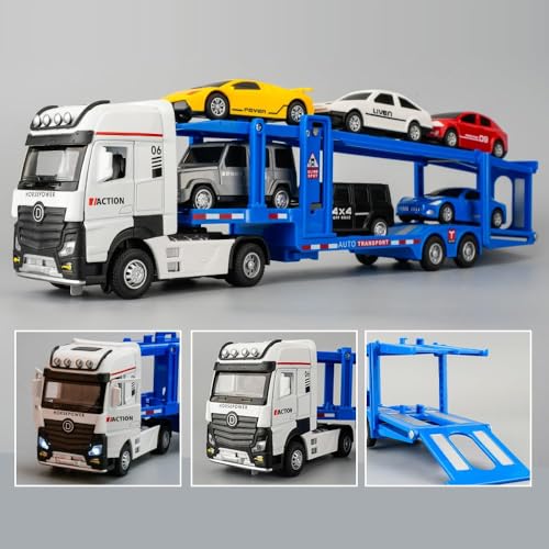 Image of 7-in-1 Die-Cast Carrier Truck Toy | Transporter Trailer with Lights, Sound & Pull-Back Action for Kids