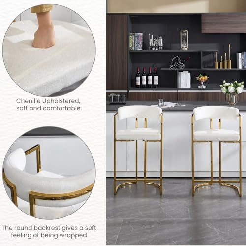 Butacos de Bar Gold Barrel, Juego de 4, Tapizados en Chenilla Moderna, con Estructura Dorada y Reposapiés, Ideal para Isla de Cocina, Bar en Casa o Pub miniatura 4