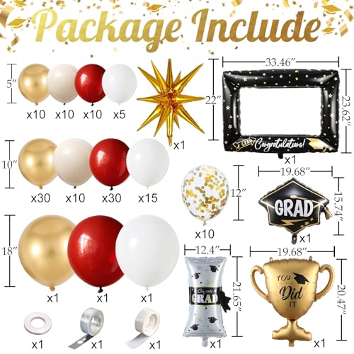 Image of 141Pcs Ruby Red Gold White Graduation Balloon Garland Arch Kit,with Explosion Star,Diploma,Trophy,Grad Hat,Photo Frame Foil Balloon for Congrats Class of 2026 Graduates Celebration Party Decoration