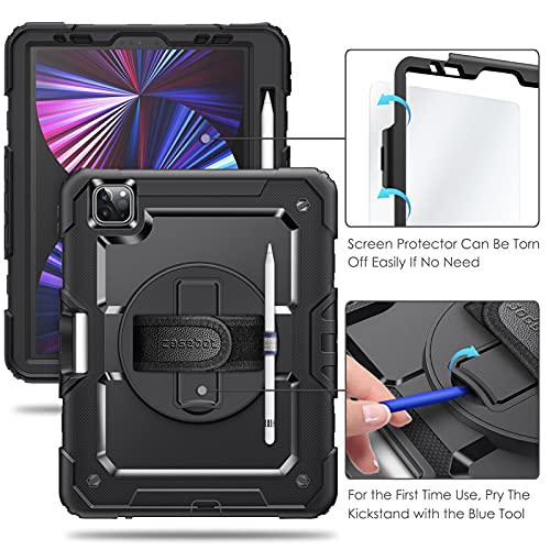 Casebot Ipad Pro 11 Inch Case 2022/2021/2020 With Screen Protector, [360° Rotating Kickstand] Full Body Rugged Shockproof Cover With Hand Shoulder Strap&Pencil Holder, Also Fit Ipad Air 4Th Gen, Black #TOP7