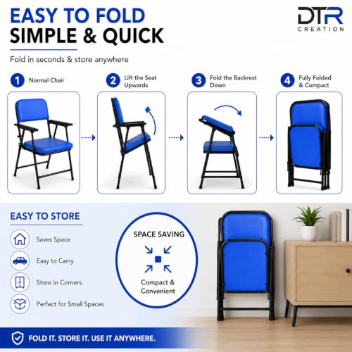 Image of Foldable Cushioned Chair with Armrests | Heavy Duty Metal Frame | Soft Padded Seat & Backrest | Space Saving Folding Chair for Home, Office, Study & Guest Seating | Blue