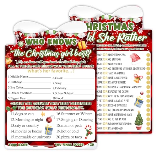 Image of Christmas Card Game, Christmas Bow Themed Party Activities and Creative Supplies, Who Knows The Christmas Girl?, Christmas Supplies Set, 20 Game Cards (4x6 inches)
