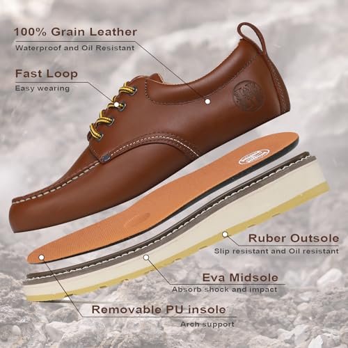 Men's Slip Resistant Work Shoes - 4" Brown Durable Oxford Style, Breathable & Soft Toe H829942
