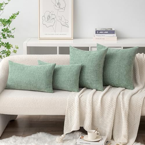 Image of MIULEE Pack of 2 Couch Throw Pillow Covers 16x16 Inch Soft Greyish Green Chenille Pillow Covers for Sofa Living Room Solid Dyed Pillow Cases