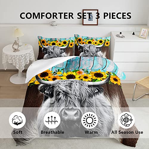Highland Cattle Flower Comforter Set Full Size Bull Cattle Bedding Set Western Funny Animal Bedding Set Wildlife Farmhouse Cow Quilt Set Sunflowers Comforter Set For Kids Teens Boys Girls Adults #TOP2