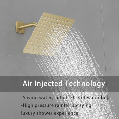 Juego de grifo para ducha en acabado dorado cepillado, sistema de ducha con cabezal lluvia de 8 pulgadas y manija única, kit completo con válvula empotrada miniatura 3