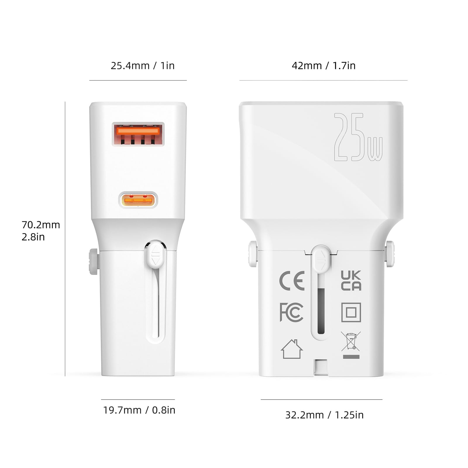 VALUE Caricabatterie da viaggio USB con spina Euro/UK/USA, 2 porte (tipo A QC3.0, tipo C PD), 25 W