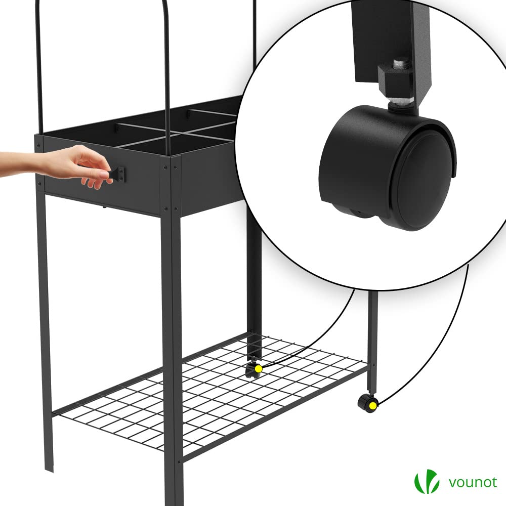 VOUNOT® Huerto Urbano Terraza Mesa de Cultivo Cubierta de Protección, Jardinera Elevada con Ruedas Asa Lateral y Estante Inferior, para Plantas Flores Verduras Jardín Interior Exterior, Negro