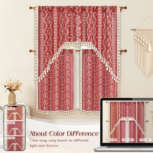 Image of Yinhua Boho Swag Valance Curtains Vintage Linen Valances for Windows Light Filtering Floral Kitchen Valance Rod Pocket Farmhouse Rustic Tassel Window Valances for Bathroom Cafe, 60 inch W x 36 inch L, Red
