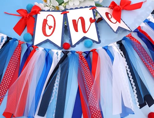 Image of Red White and Blue 1st Birthday Highchair Banner - Patriotic First Birthday Party Decoration, Independence Day ONE Highchair Banner for Baby, Fourth of July Photo Props Cake Smash, 4th of July Party Supplies (Patriotic Heart HIgh Chair Banner)