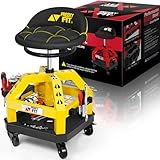 FreekyFit Rolling Shop Stool for Garage with Casters, DO02-Adjustable Height 360° Swivel Shop Seat with Tool Tray Storage, 330 LBS Capacity Padded Mechanic Stool, Magnetic Tool Hold, Heavy Duty,Yellow