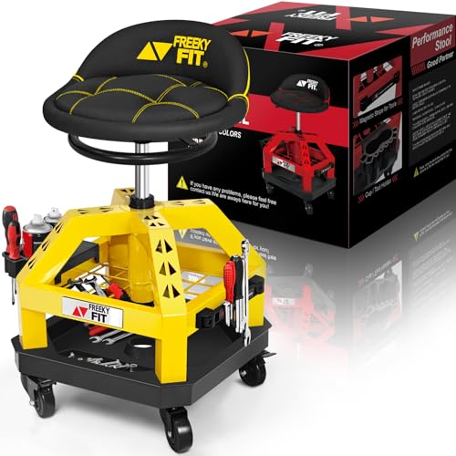 FreekyFit Rolling Shop Stool for Garage with Casters DO02-Adjustable Height 360 Swivel Shop Seat with Tool Tray Storage 330 LBS Capacity Padded Mechanic Stool Magnetic Tool Hold Heavy Duty Yellow