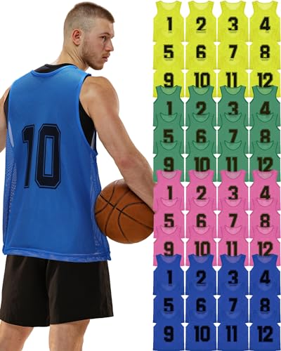 Suhine 48 Pcs Pinnies for Sports Double Soccer Penny Soccer Pinnies Scrimmage Vests Mesh Basketball Team Practice Jersey, Novel Color, L