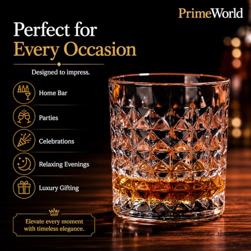 Image of PrimeWorld Diamond European Design Crystal Whiskey Glasses Set of 6 pcs- 300 ml Bar Glass for Drinking Bourbon, Whisky, Scotch, Cocktails, Cognac- Old Fashioned Cocktail Tumblers
