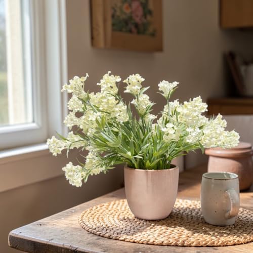 Image of Garden Art Artificial Lavender Flower Bush in Decorative Pot - Realistic Faux Plant for Home & Office Tabletop Decor (P-0155White)