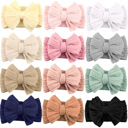 ALinmo 12 Pack Baby Headbands Super Soft Stretchy Nylon Hair Bands Hair Bows Hair Accessories for Baby Girls Newbrons infants Toddlers