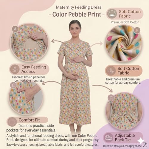 Image of Zero Clothing Feeding Dress for New Moms Casual Loungewear Ankle Length | Cotton Maternity Nighty | Zipless Feeding Dresses for Women | Pregnancy & Nursing Wear