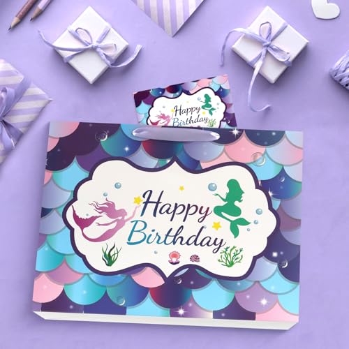 Image of JMANNI Large Happy Birthday Gift Bag with Tissue Papers and Greeting Card,Portable Paper Mermaid Gift Bags with Handles,Purple Present Bags for Women Girls Birthday Party Supplies13 x 10.2 inch x4.7 inch