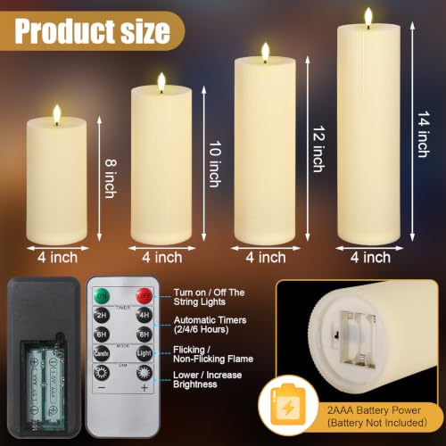 Image of Rossesay 8 inch 10 inch 12 inch 14 inch X 4 inch Large Waterproof Outdoor Flameless Candle, 4 Pcs LED Pillar Candle with Remote and Timer Battery Operated Jumbo Flickering for Halloween Xmas Church(Ivory White, Retro)