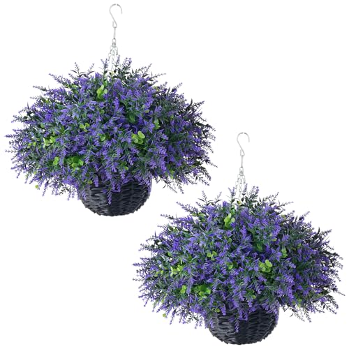 GLIDLION Artificial Eucalyptus & Lavender Hanging Basket (2 Pieces) - Realistic Fake Hanging Plants Set, Outdoor Faux Eucalyptus Leaves for Farmhouse Eaves Porch Decor | Spring,Summer,All Season