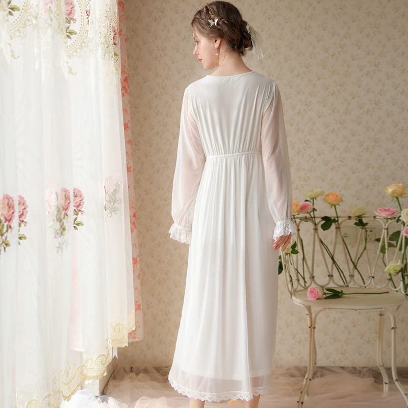 Chemise de nuit victorienne pour femme, 100 % modal à manches longues en dentelle avec broderie florale
